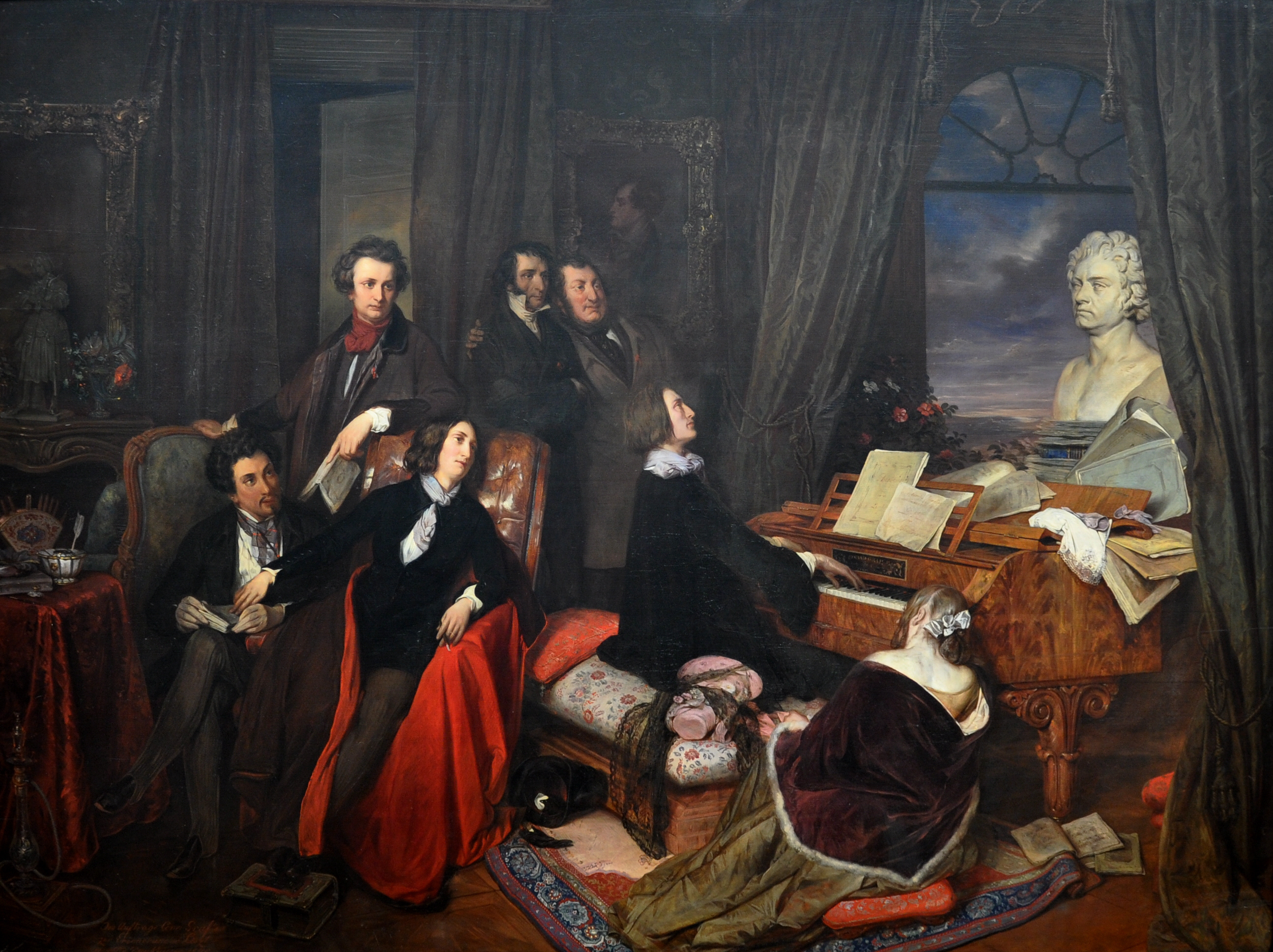 Painting of Franz Liszt performing with a bust of Beethoven sitting on the piano with